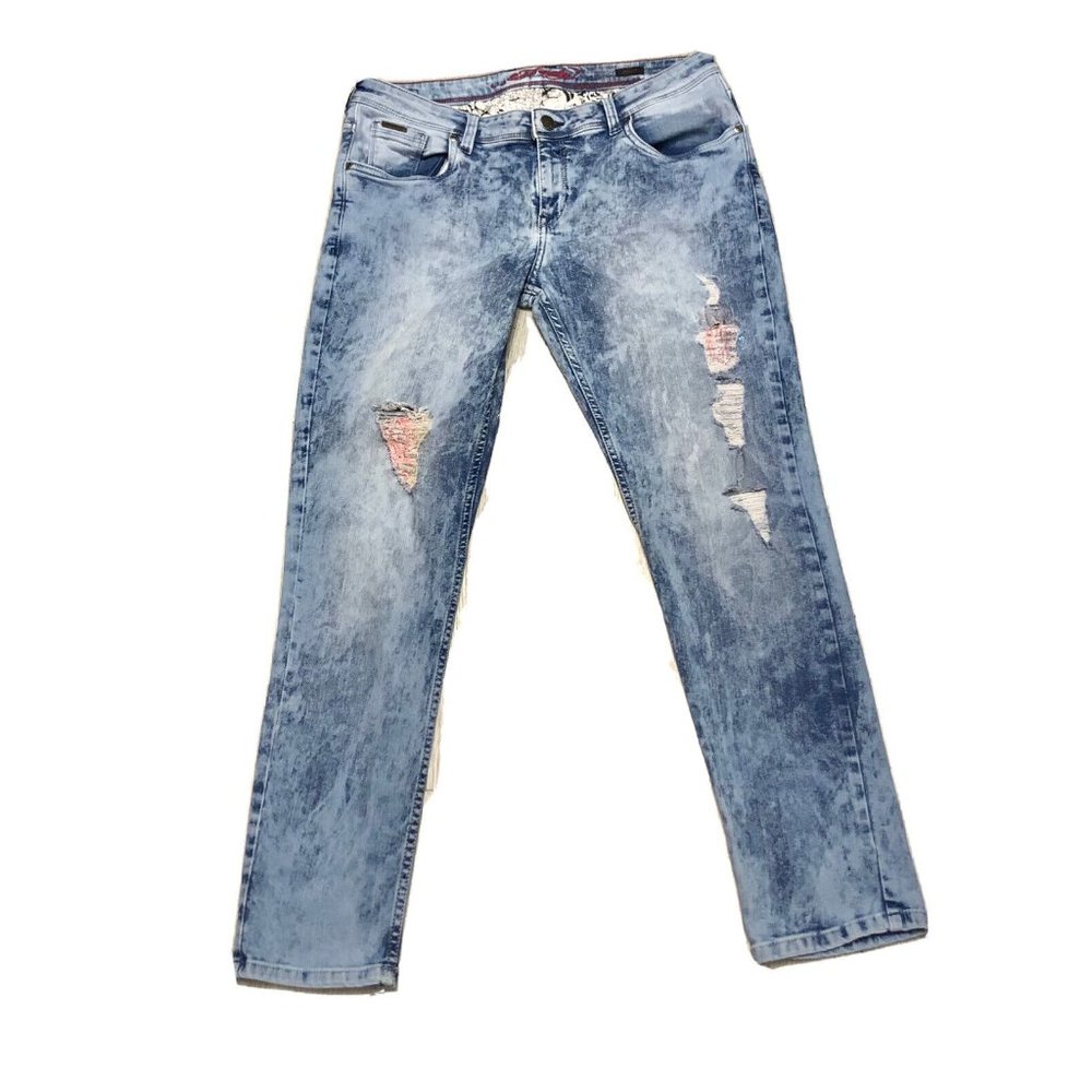 Ed Hardy Skinny Ripped Light Blue Wash Denim Jeans Mens 34W 27L